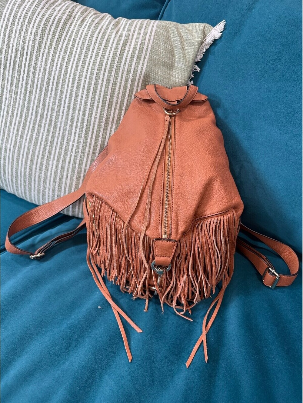 Rebecca Minkoff Julian Fringe Backpack Cognac Pebbled Leather Leopard Lined